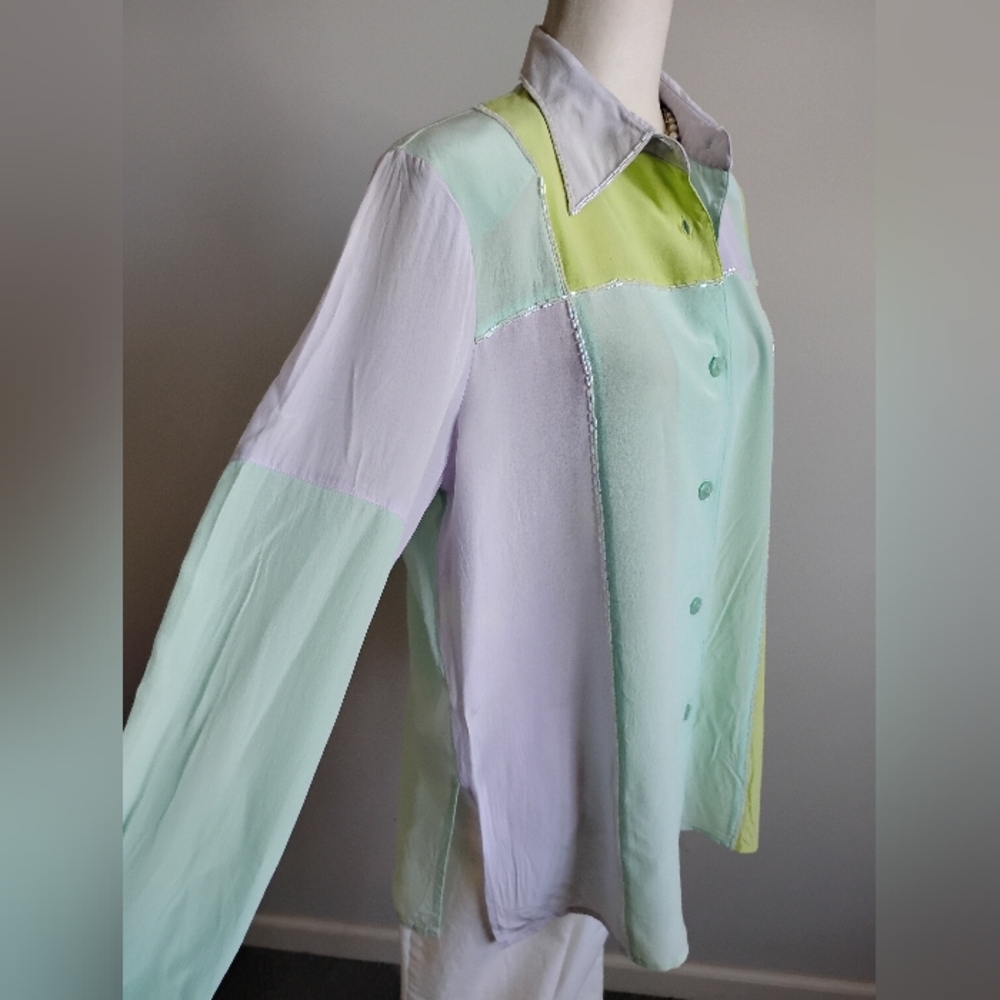 Diane Gilman Silk Beaded Button Up Blouse Pastel Chartreuse Lilac Size Medium - Picture 6 of 14
